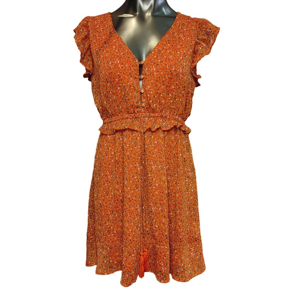 Trinhnology Women's Orange Floral Sleeveless Ruffled V-Neck Summer Dress Medium